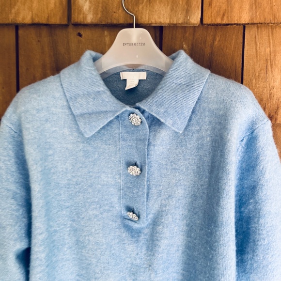 H&M Sweater Womens Size M Blue Wool Blend Rhinestone Flower Buttons SS Collar - Picture 5 of 14